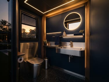 Premium portable sanitary cabin with high-end stainless steel fixtures, clean modern interior, architectural photography.