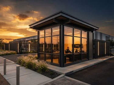 Modern architectural guard cabin with high-visibility structural glazing and steel frame, sunset lighting.