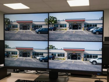 Security monitor screen showing a four-panel camera feed of a commercial parking lot and entrance, installed in an office with a desk and keyboard visible in foreground, overhead lighting