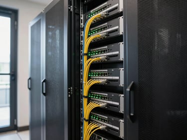 Wide shot of a network rack installed in a small business server closet, patch cables organized and labeled, switches with green link lights, natural daylight from a nearby door