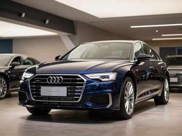 Front angle of a dark blue Audi A6 sedan parked in a luxury showroom under cool white overhead lights, polished floor, no people