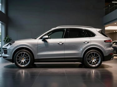 Side profile of a silver Porsche Cayenne SUV under dramatic showroom lighting, dark floor reflection, tight framing, no people