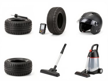 Grid of four automotive essentials: car cleaning kit, tire pressure gauge, motorcycle helmet, and car vacuum cleaner, on a seamless white background, studio lighting.
