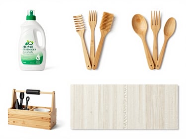 Grid of four home essentials: eco-friendly cleaning supplies, bamboo bathroom accessories, versatile home tool kit, and textured wallpaper swatch, on a seamless white background, studio lighting.