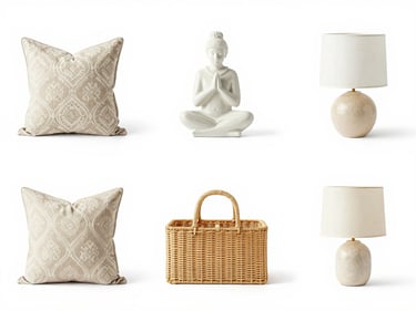 Grid of four home styling items: patterned cushion covers, decorative ceramic figurine, woven storage organizer, and minimalist table lamp, on a seamless white background, studio lighting.