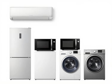 Grid of four modern home appliances: sleek silver air conditioner, white refrigerator, black microwave, and grey washing machine, on a seamless white background, studio lighting.