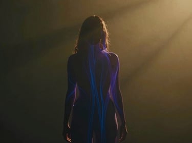 Subtle energy lines flowing around a human silhouette, deep blue and purple hues, cinematic moody photography, warm chiaroscuro