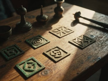 Ancient geometric symbols glowing softly on a wooden table, ceremonial tools, warm chiaroscuro, 35mm film