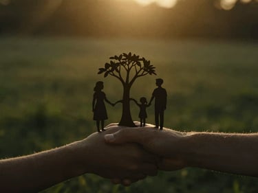 Hands intertwined forming a family tree silhouette, soft golden light, cinematic moody photography, rich sepia and moss green tones