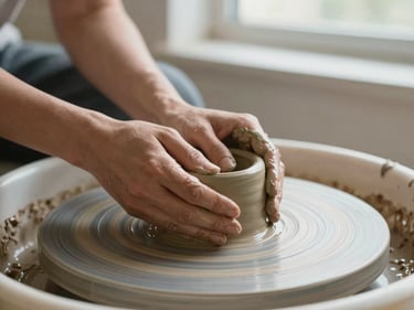 Close-up of hands shaping wet clay on a potter wheel, soft natural window light, shallow depth of field, warm editorial photograph