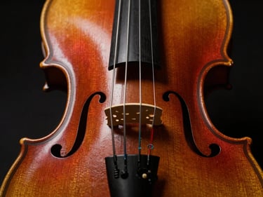 Close-up of a violin bridge and strings, dramatic low-key studio lighting with red accents.