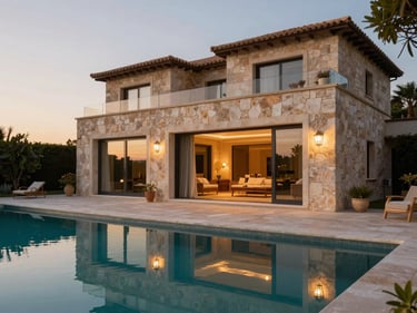 Elegant private villa exterior at dusk, infinity pool reflecting sky in foreground, stone facade with floor-to-ceiling glass doors open, Mediterranean garden, no people, golden light
