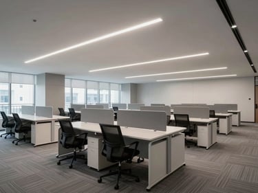 Environmental photograph of a finished modern office interior, open-plan workspace with clean desk rows, diffused overhead lighting, neutral grey and white surfaces, empty of people, shot from corner showing full depth