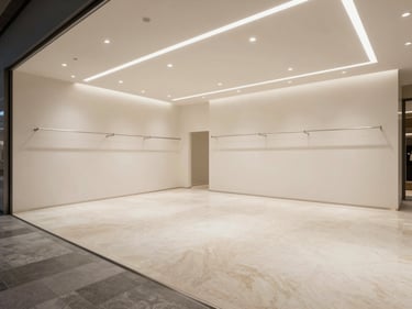 Wide shot of a finished commercial retail shop interior, white stone floor, recessed lighting strips in ceiling grid, empty of people, clean geometry, editorial architectural photography perspective