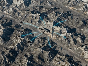 Wide-angle overhead isometric render of a multi-agent drone formation over procedurally generated Alpine terrain, training trajectory lines in cyan overlaid on satellite-accurate terrain mesh, cool neutral light