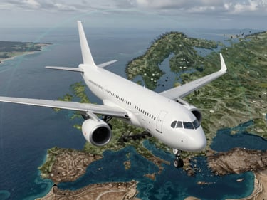 Overhead wide shot of a commercial aircraft navigating procedurally generated coastal European terrain, thin cyan radar sweep overlay arcing across the frame, cool overcast daylight, photorealistic