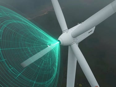 Close extreme-angle overhead view of an autonomous drone inspecting a wind turbine, LiDAR point cloud rendered in fine cyan lines tracing structural geometry, cool studio-quality diffuse light, photorealistic