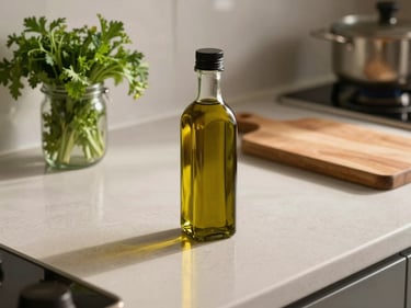 Kitchen counter top view with a small olive oil bottle, fresh herbs in a glass jar and a wooden cutting board under warm morning light