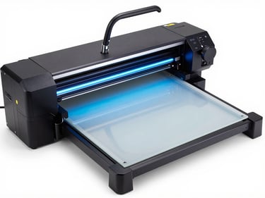 Overhead study of a UV flatbed printer's vacuum bed clamping a rigid acrylic substrate, LED curing lamp bar glowing cool blue above the print zone, studio strobe isolation on white, no warmth