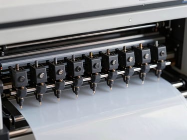 Extreme close-up of an industrial DTF printer's ink head array above a moving PET film roll, droplets in mid-flight, cool studio strobe lighting, mechanical detail sharp against white background