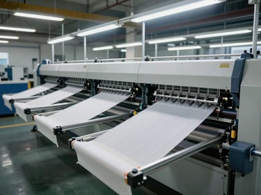 Wide environmental shot of an automatic textile carousel screen printing machine mid-cycle, multiple print heads in position above garment pallets, cool industrial overhead lighting, factory floor context