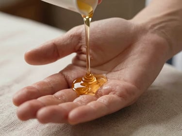 Extreme close-up of warm massage oil being poured into a therapist's cupped palm, soft diffused light catching the oil's sheen, neutral linen surface below