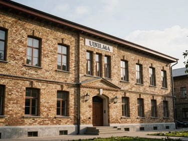 Warm editorial photography of Tbilisi State Medical University campus, historic brick facade, soft daylight, 35mm