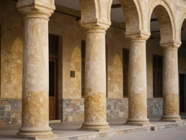 Warm editorial photography of Cairo University Faculty of Medicine, majestic columns, soft daylight, 35mm