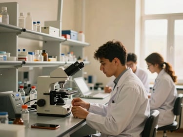 Warm editorial photography of Tashkent Medical Academy modern research laboratory, students in white coats, soft daylight, 35mm