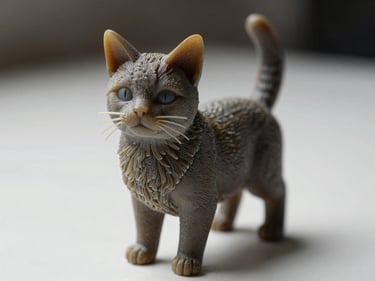 Macro close-up of a 3D-printed pet figurine — a cat or small dog — on a white studio surface under daylight-balanced light, sharp fur-texture detail on the resin surface