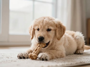 Close-up of a happy golden retriever puppy playing with a chew toy on a soft blanket, natural pet photography, soft diffused window light, warm neutral tones.