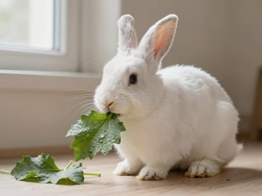 Fluffy white rabbit nibbling on a fresh green leaf in a clean, natural enclosure, natural pet photography, soft diffused window light, warm neutral tones.