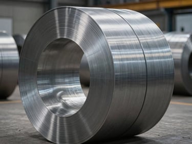 Stainless steel coil roll on industrial floor, brushed surface catching cool overhead warehouse light, tight macro framing on the coil edge and finish texture