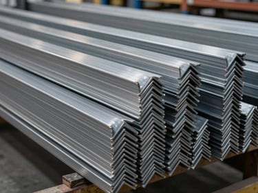 Stainless steel angle bars and flat bars arranged in organized rows on warehouse shelving, cool industrial lighting from above, surface finish detail visible on edges