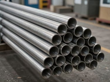 Close-up of stainless steel round tubes bundled together at a loading bay, cut ends showing wall thickness, cool warehouse ambient light, no people
