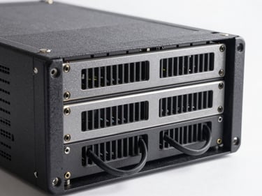 Studio close-up of a rack-mounted server unit with cable management visible, even strobe lighting, clean white background, no shadows, sharp metal texture detail