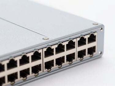Close-up of ethernet patch panel with labeled RJ45 ports, studio strobe lighting, clean white background, sharp focus on connector rows