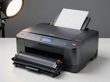 Studio product shot of a professional laser printer on a white surface, studio strobe from above, toner cartridge visible beside unit, precise and clinical framing