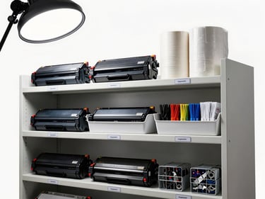 Organized office supply shelving unit with labeled bins of toner cartridges, paper reams, and cable management accessories, studio strobe overhead, white background