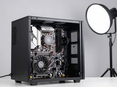 Desktop workstation tower with side panel removed showing internal components, studio strobe from upper right, white background, sharp focus on motherboard and GPU