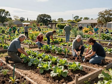 Wide shot of an outdoor community garden plot, local residents of different ages kneeling and standing among raised vegetable beds, mid-morning sunlight casting soft shadows, soil tools resting against a wooden fence