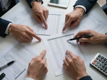 Overhead process shot of a small group around a table covered in financial planning worksheets, hands pointing at printed budget columns, ballpoint pens and calculators visible, available fluorescent light from above