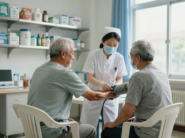 Wide shot of a community health clinic interior, a local nurse taking blood pressure of an elderly patient seated in a plastic chair, natural light from a window to the right, medical supplies on a metal shelf in the background
