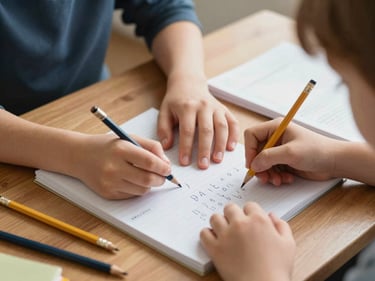 Close-up of children's hands tracing letters in a workbook under natural daylight, pencils and erasers scattered on a wooden desk, a local teacher's forearm visible guiding a child's hand