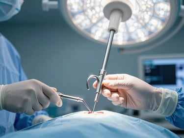 Close-up of a laparoscopic camera trocar being positioned on a surgical drape, operating-theater overhead light reflected on the metal shaft, gloved fingers steady on the instrument, sterile blue field