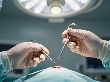 Close-up of gloved surgical hands holding a laparoscopic instrument over a sterile field, clinical fluorescent lighting from above, sharp focus on instrument tip, clean operating room environment