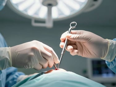 Close-up of gloved hands adjusting a laparoscopic instrument in a gynecological surgical setup, cool overhead fluorescent light, sterile draping visible at edges, sharp clinical focus