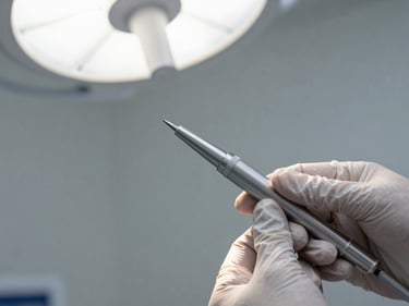 Detail of a rigid endoscope nasal speculum held by gloved hands against a neutral clinical background, cool white surgical lighting, tight framing on instrument tip and hand grip
