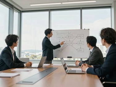 Environmental wide shot of a strategy session in a boardroom, two executives reviewing a whiteboard with process diagrams, natural daylight through tall windows, no faces clearly visible, emphasis on the room and artifacts