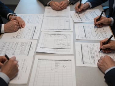 Wide overhead shot of a conference table covered in printed data reports and handwritten annotations, two sets of hands visible at the edges, cool office lighting from above, sharp focus on the documents